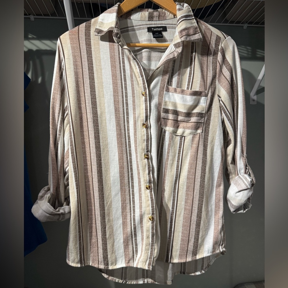 Tan and Brown Striped Button-Down Shirt